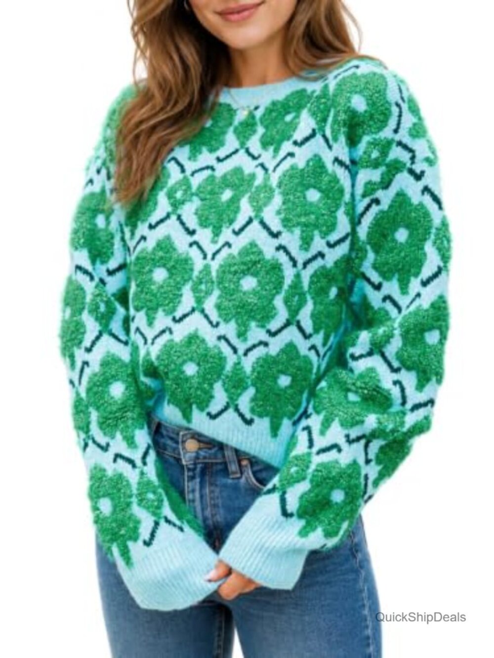 Oversized Floral Knit Sweater Crewneck Long Sleeve Pullover Fall Winter